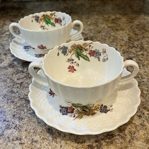 Vintage Copeland Spode Wicker Lane Floral Patterned Teacup and Saucer Set of Two